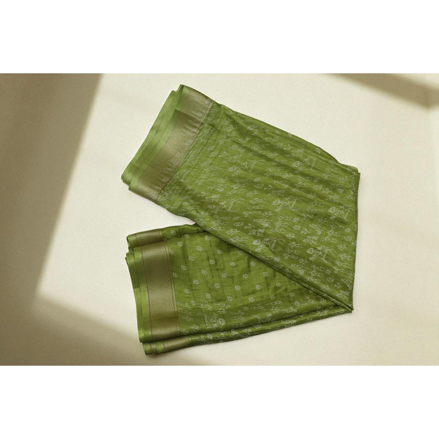 Parrot Green Worli Art Dola Print Saree