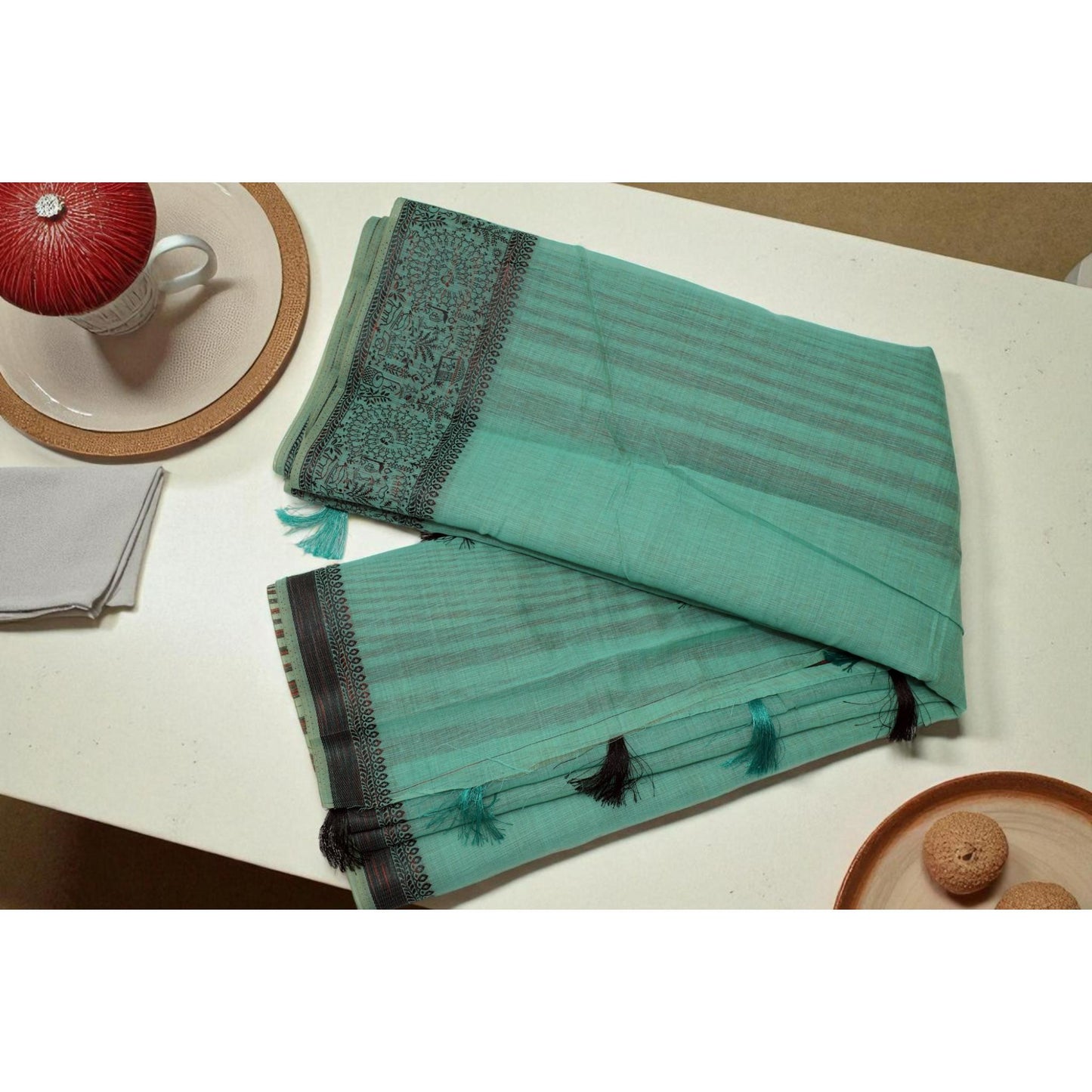 Green Linen Worli Art Border Saree