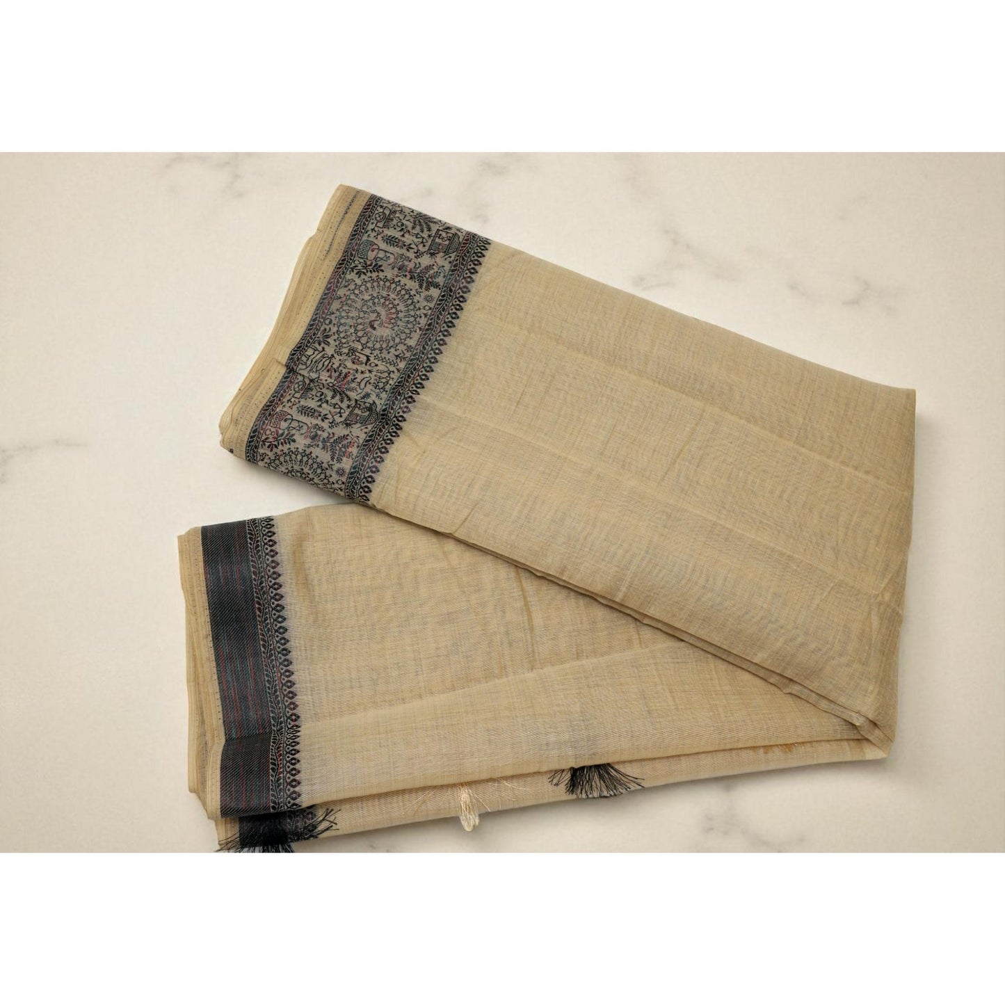 Light Brown Linen Worli Art Border Saree