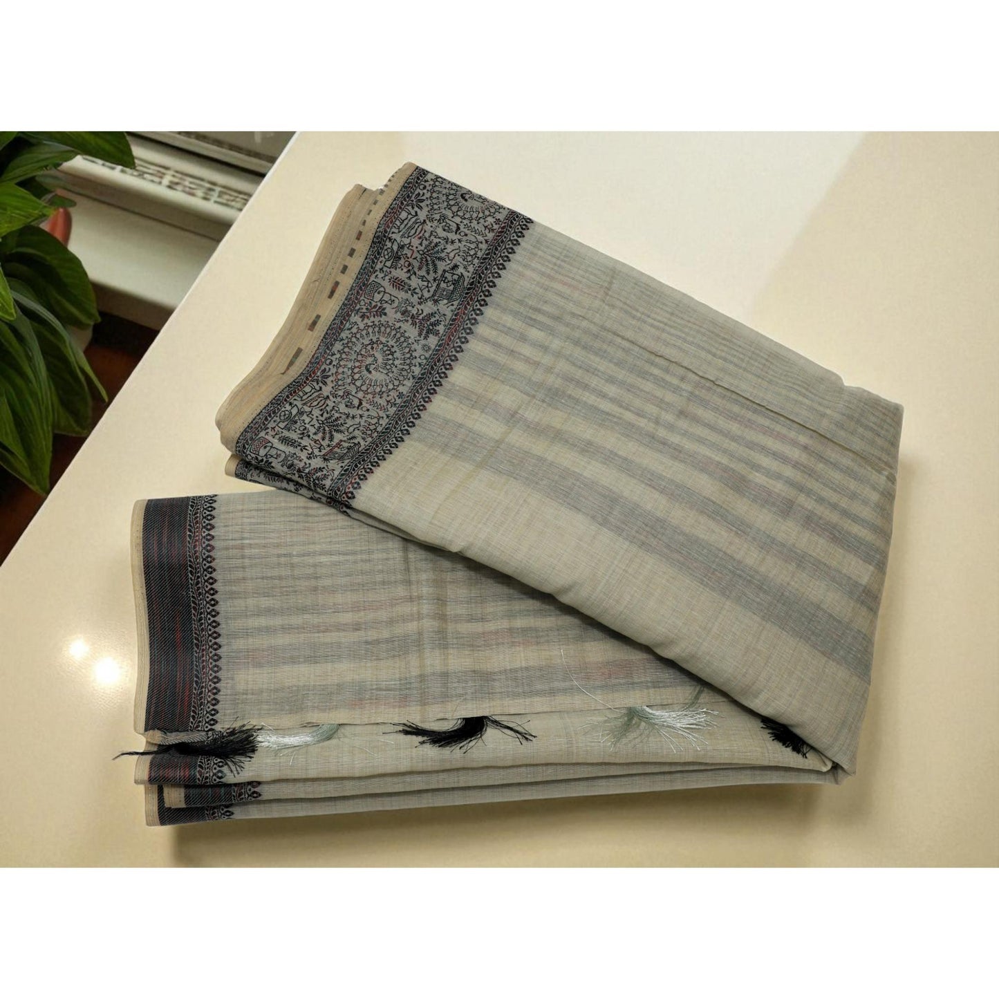 Light Green Linen Worli Art Border Saree