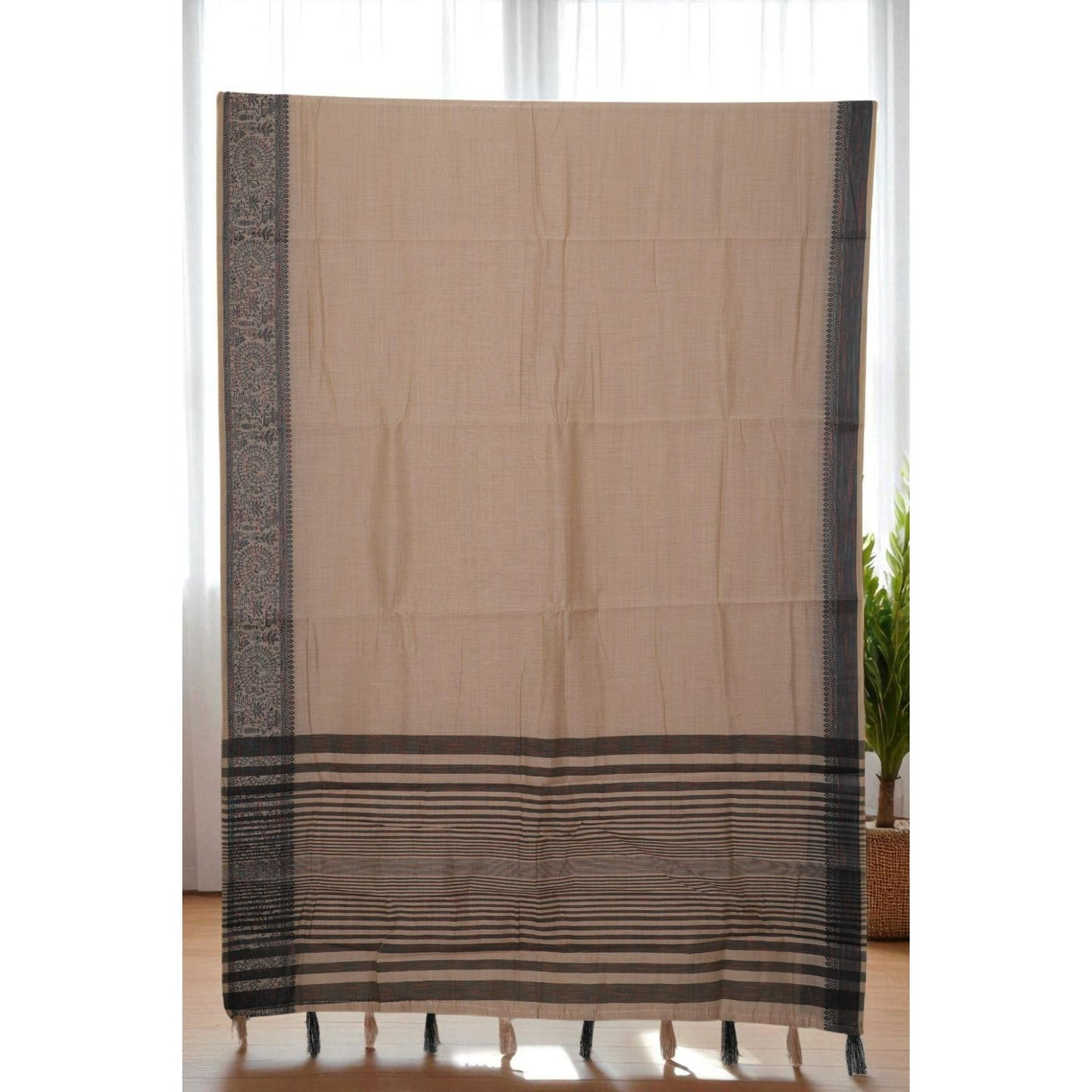 Brown Linen Worli Art Border Saree