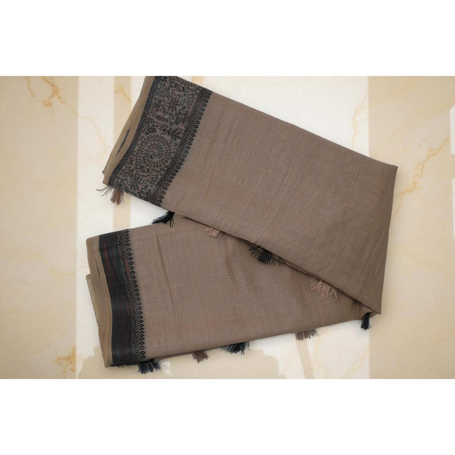 Brown Linen Worli Art Border Saree