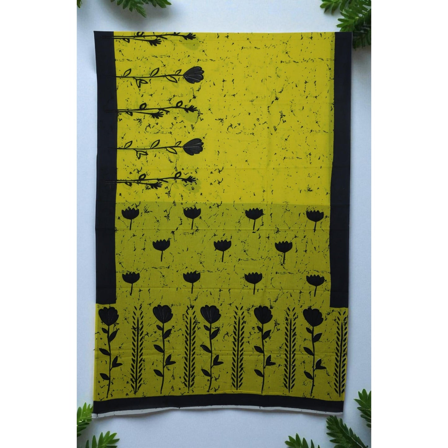 Yellow Black Mul Cotton Saree