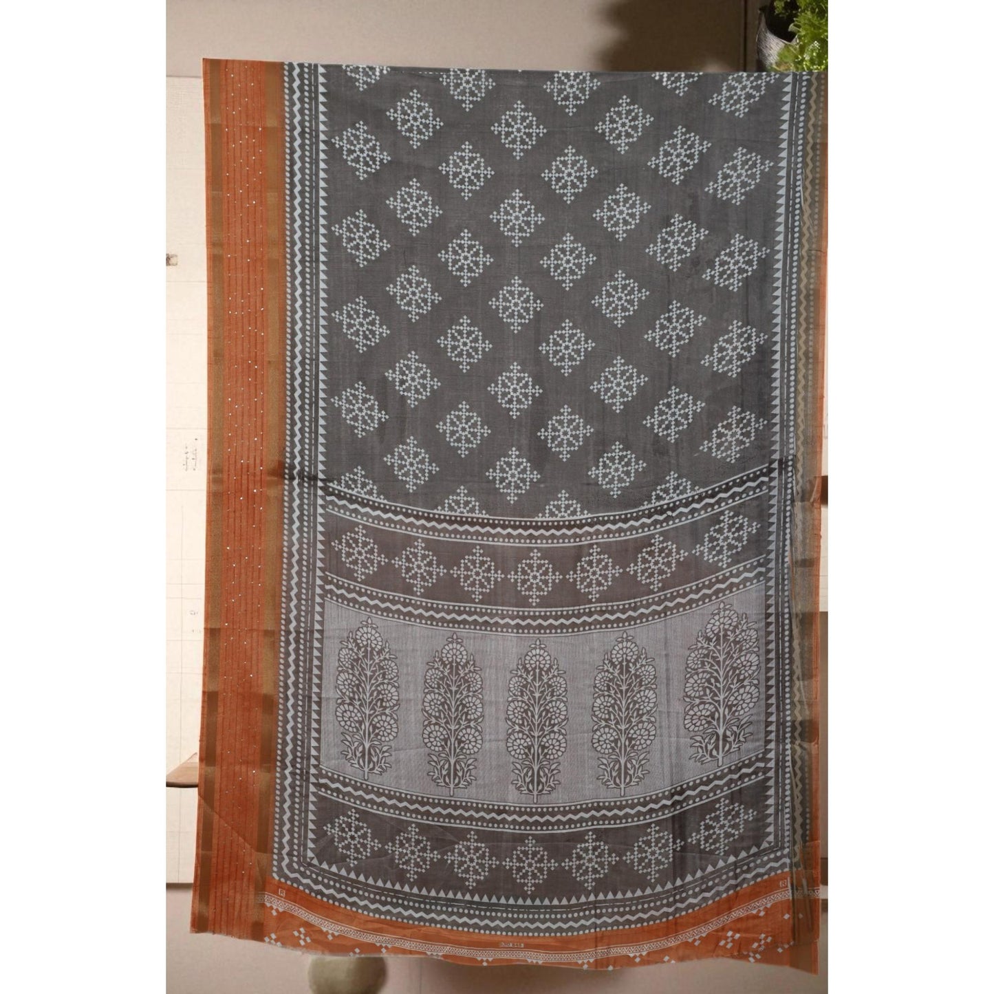 Grey & Mustard Bandani Print Dola Silk Saree