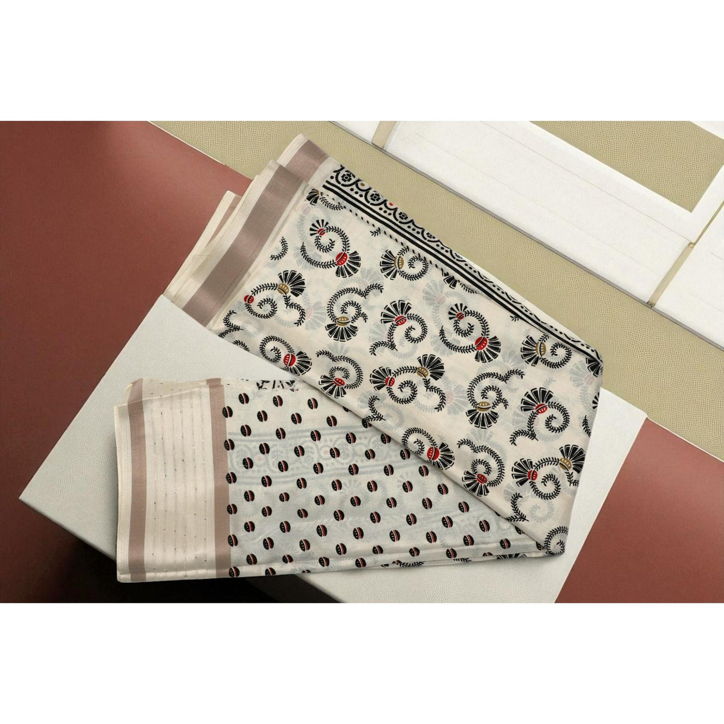 Cream and Black Geometric Print Dola Silk Saree