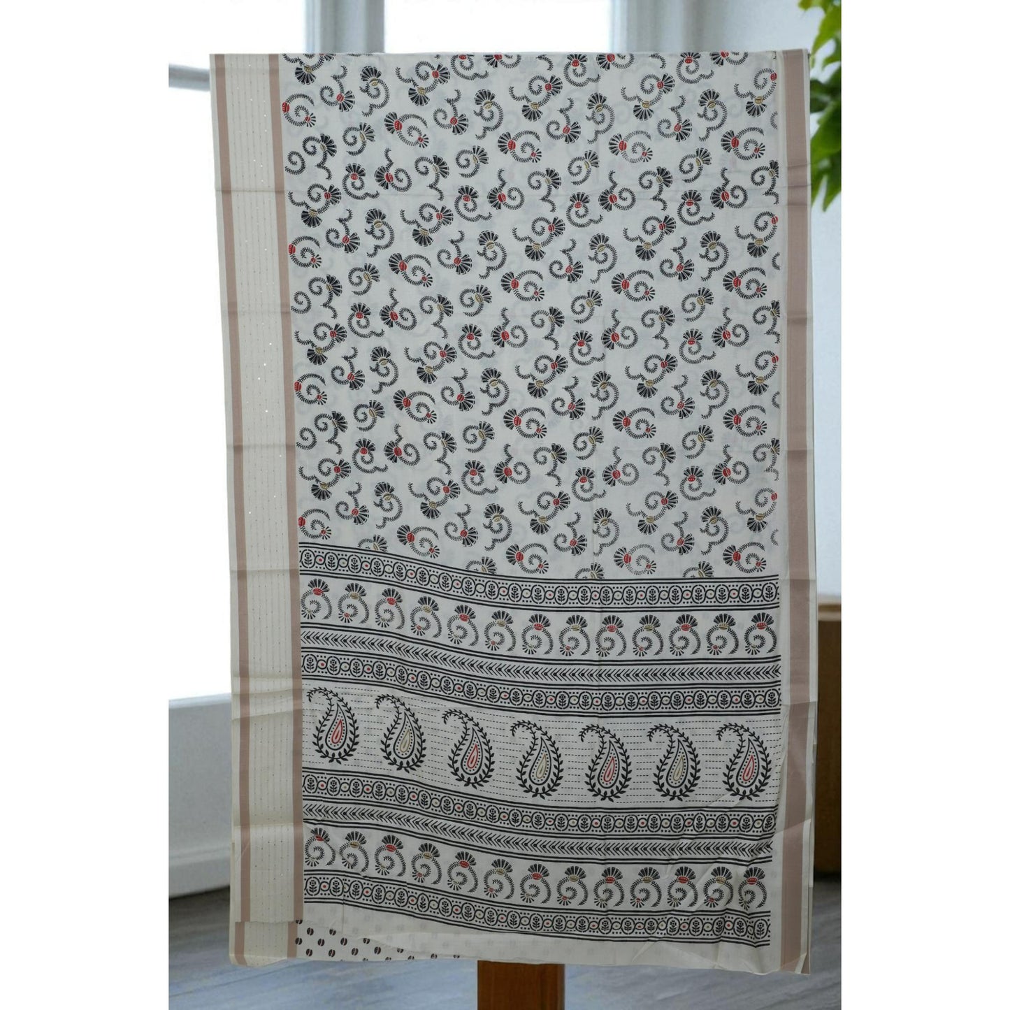 Cream and Black Geometric Print Dola Silk Saree