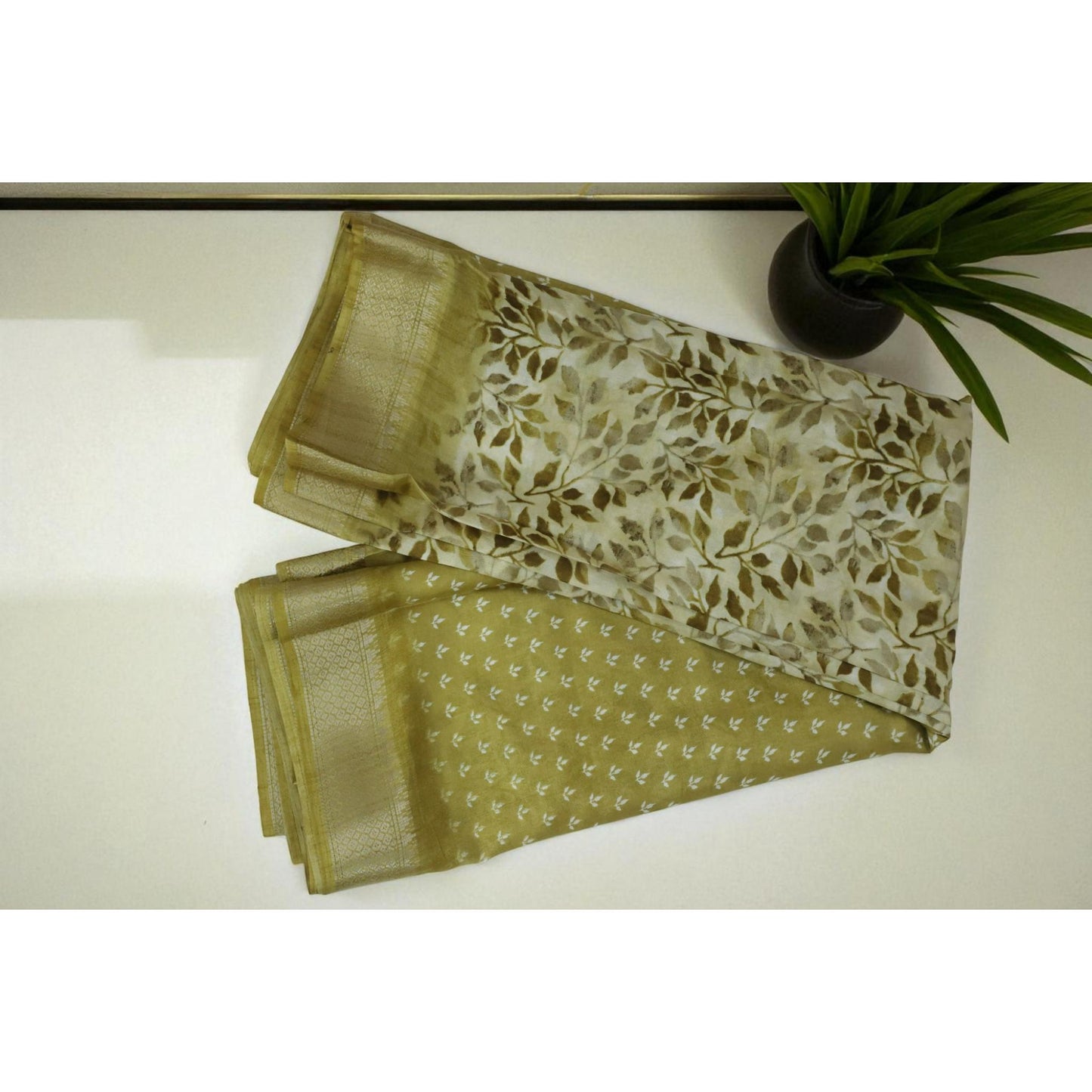 Golden Brown Floral Print Dola Silk Saree