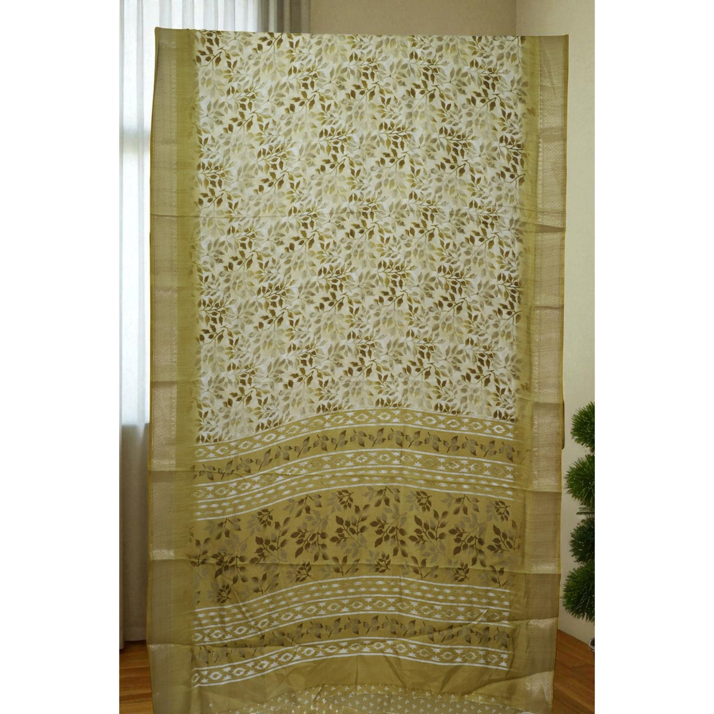 Golden Brown Floral Print Dola Silk Saree
