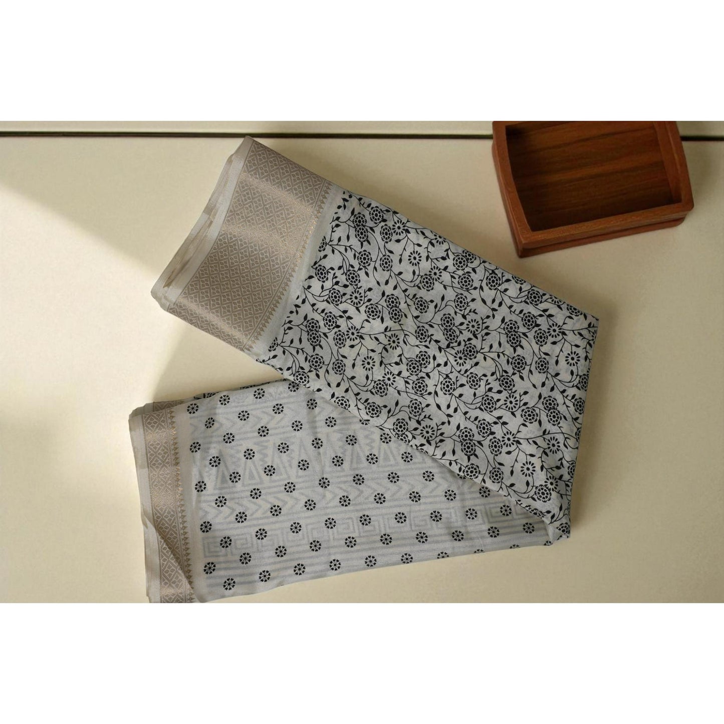 Cream and Black Floral Dola Print Saree