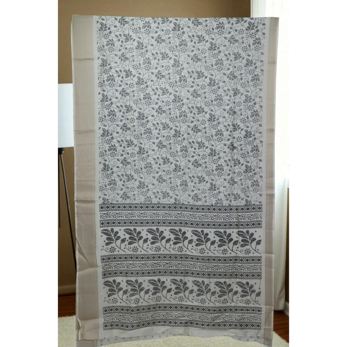 Cream & Black Floral Dola Silk Saree