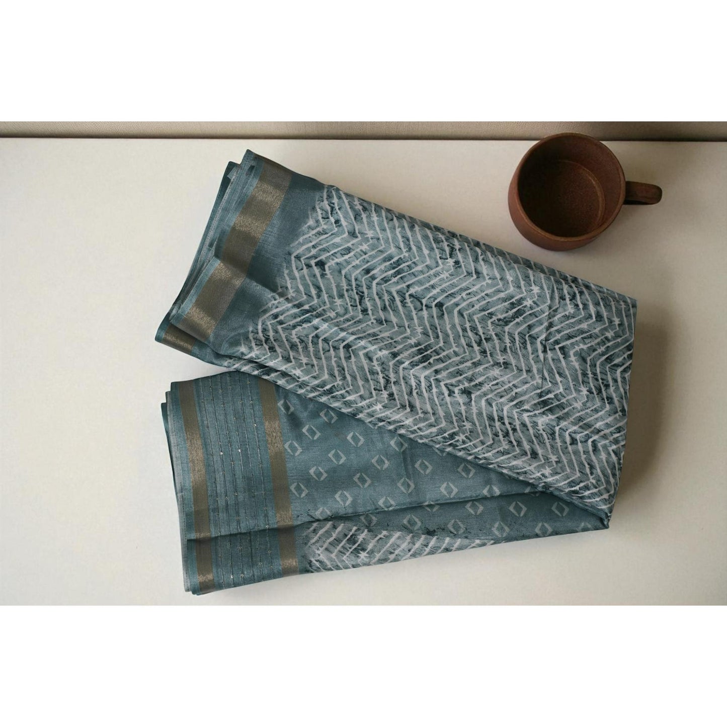 Light Blue Zig Zag Dola Print Saree