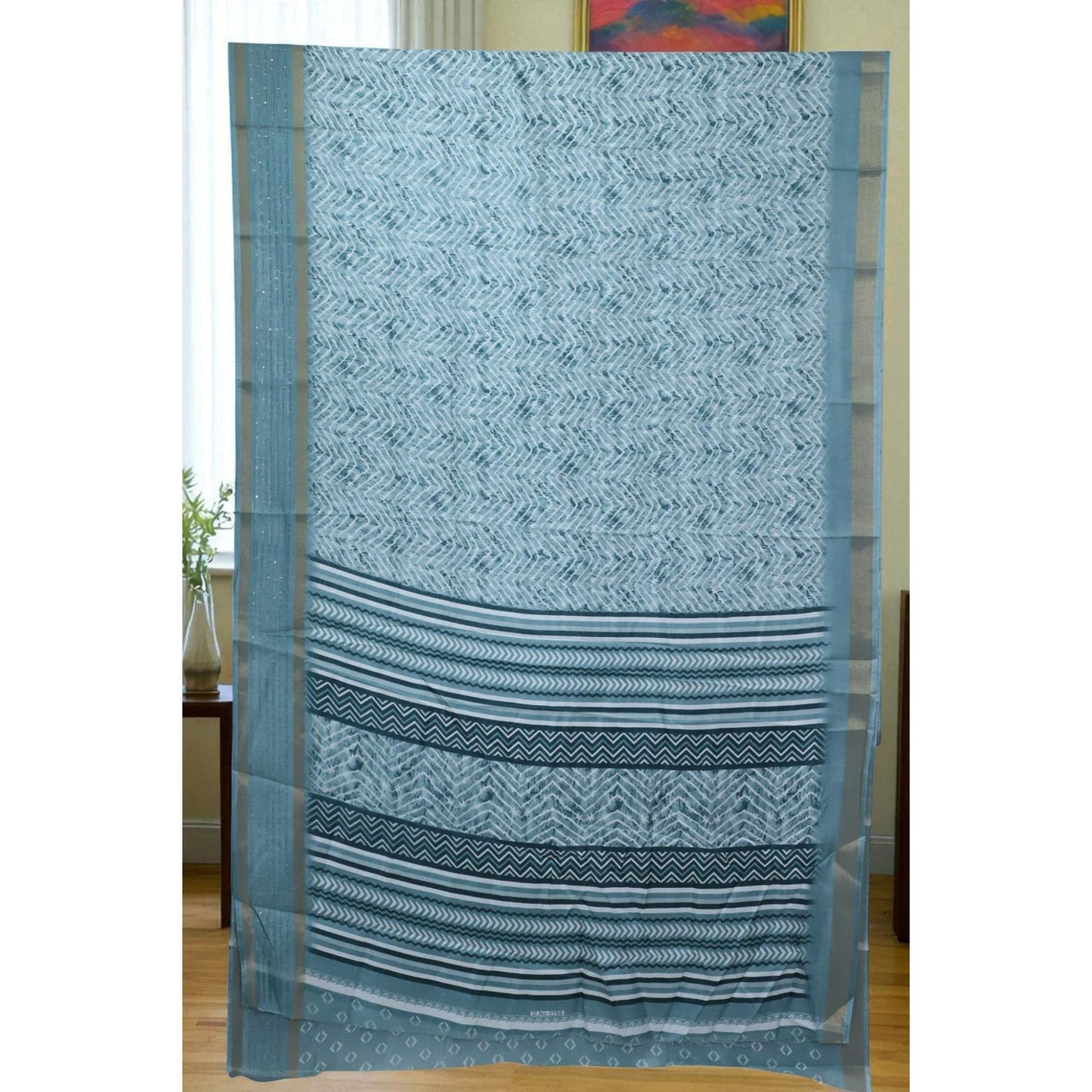 Light Blue Zig Zag Dola Print Saree