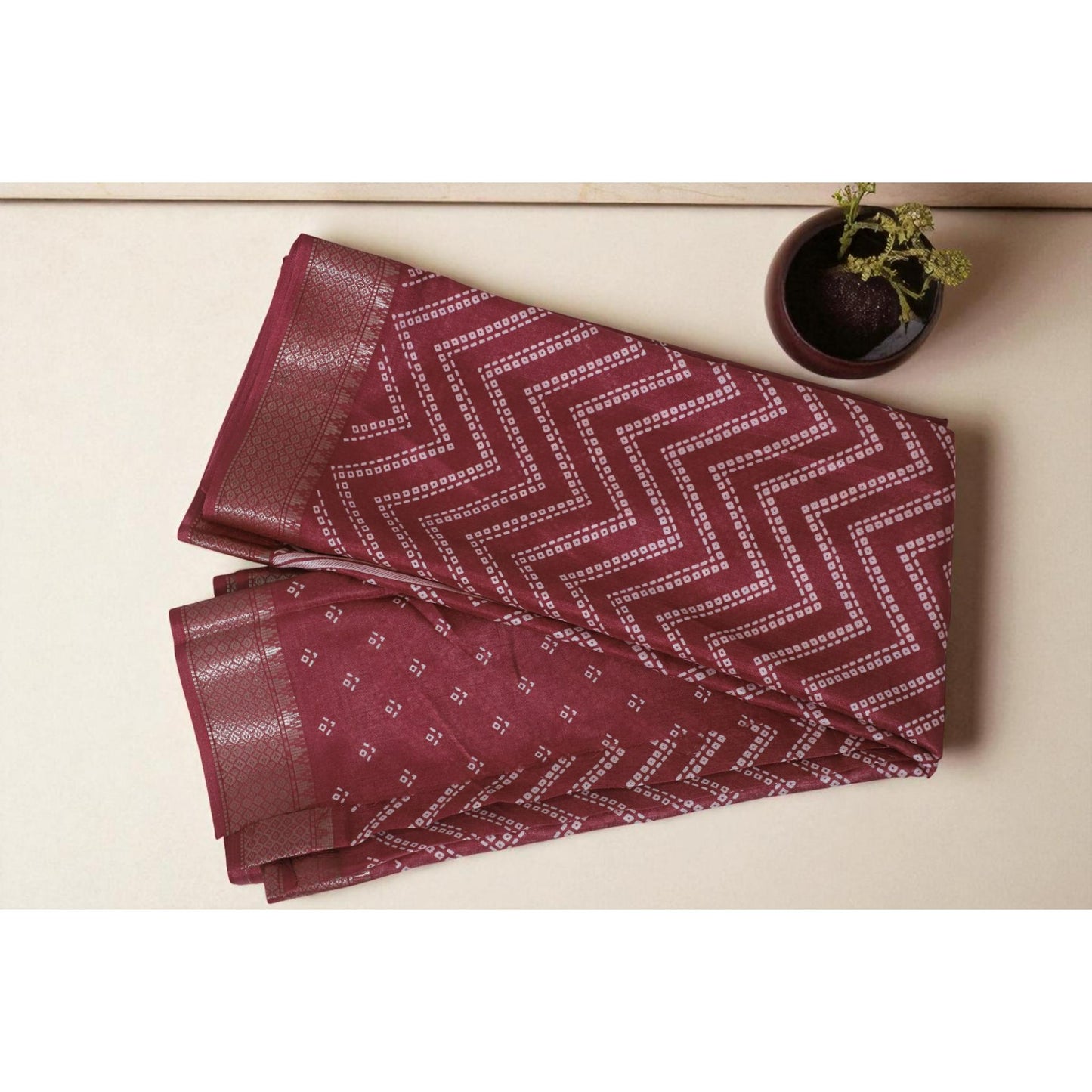 Rust Zig Zag Print Dola Silk Saree