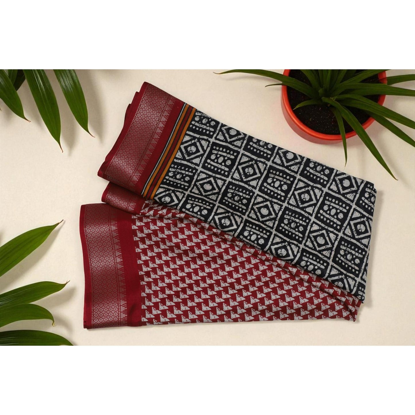 Red Black & Cream Dola Print Saree