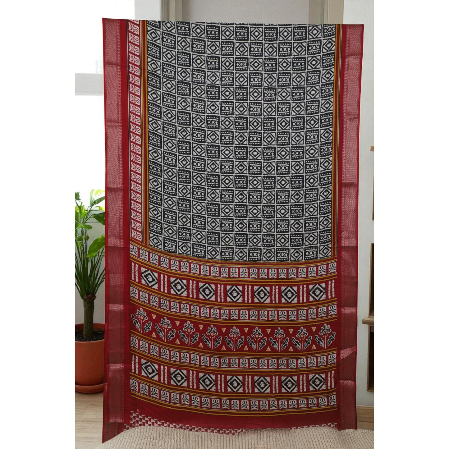 Red Black & Cream Dola Print Saree