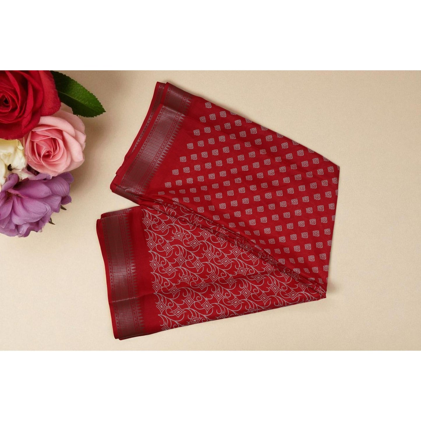 Tomato Red Geometrical Dola Print Saree