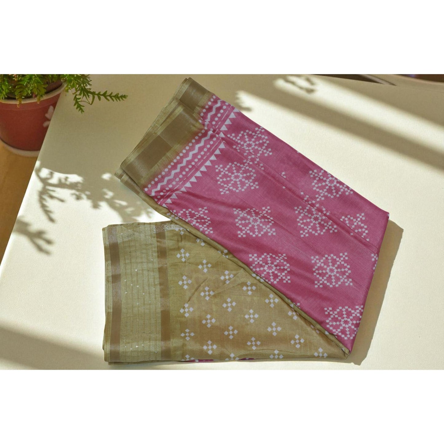 Pink and Camel Brown Bandhani Print Dola Silk Saree
