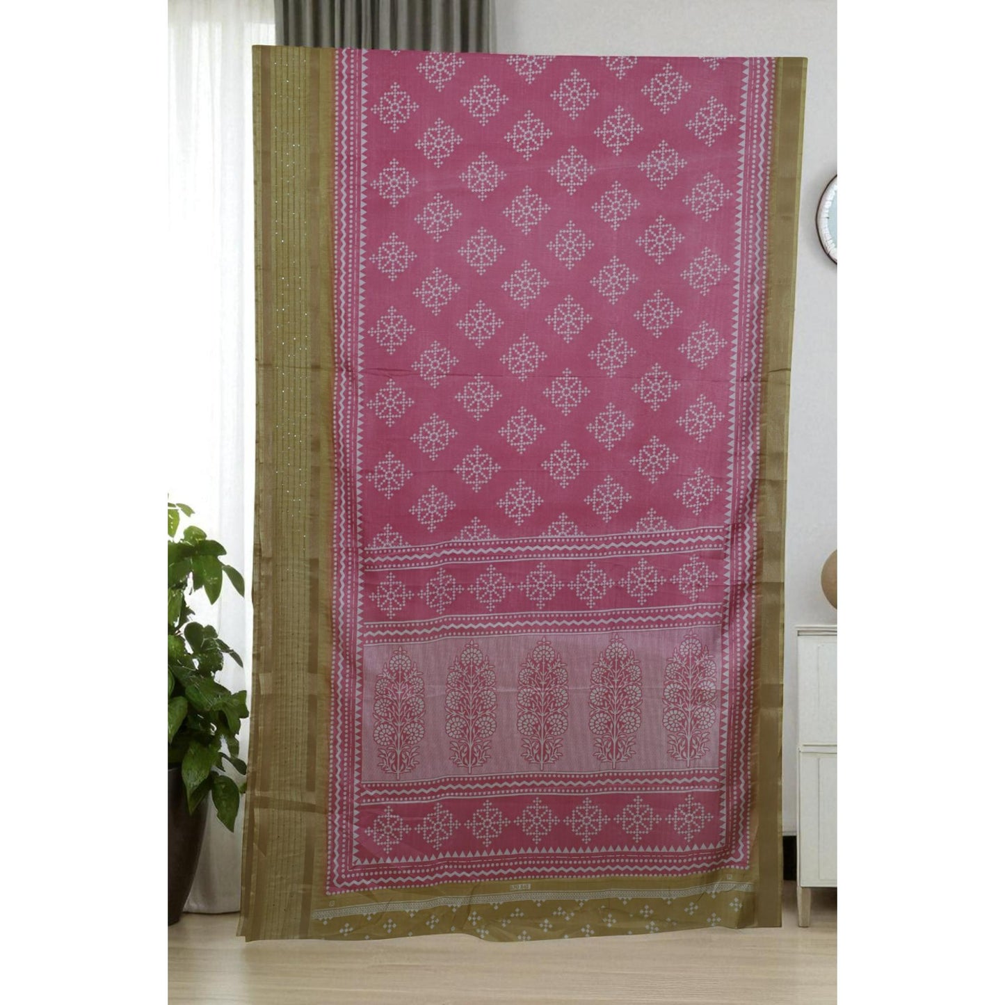 Pink and Camel Brown Bandhani Print Dola Silk Saree