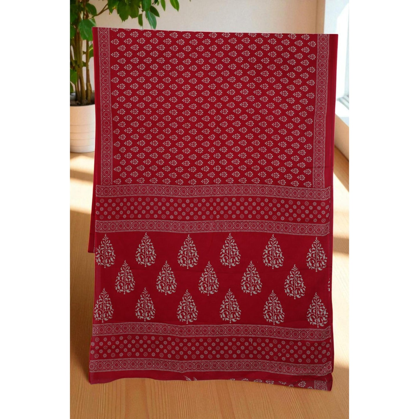 Red Block Print Cotton Saree
