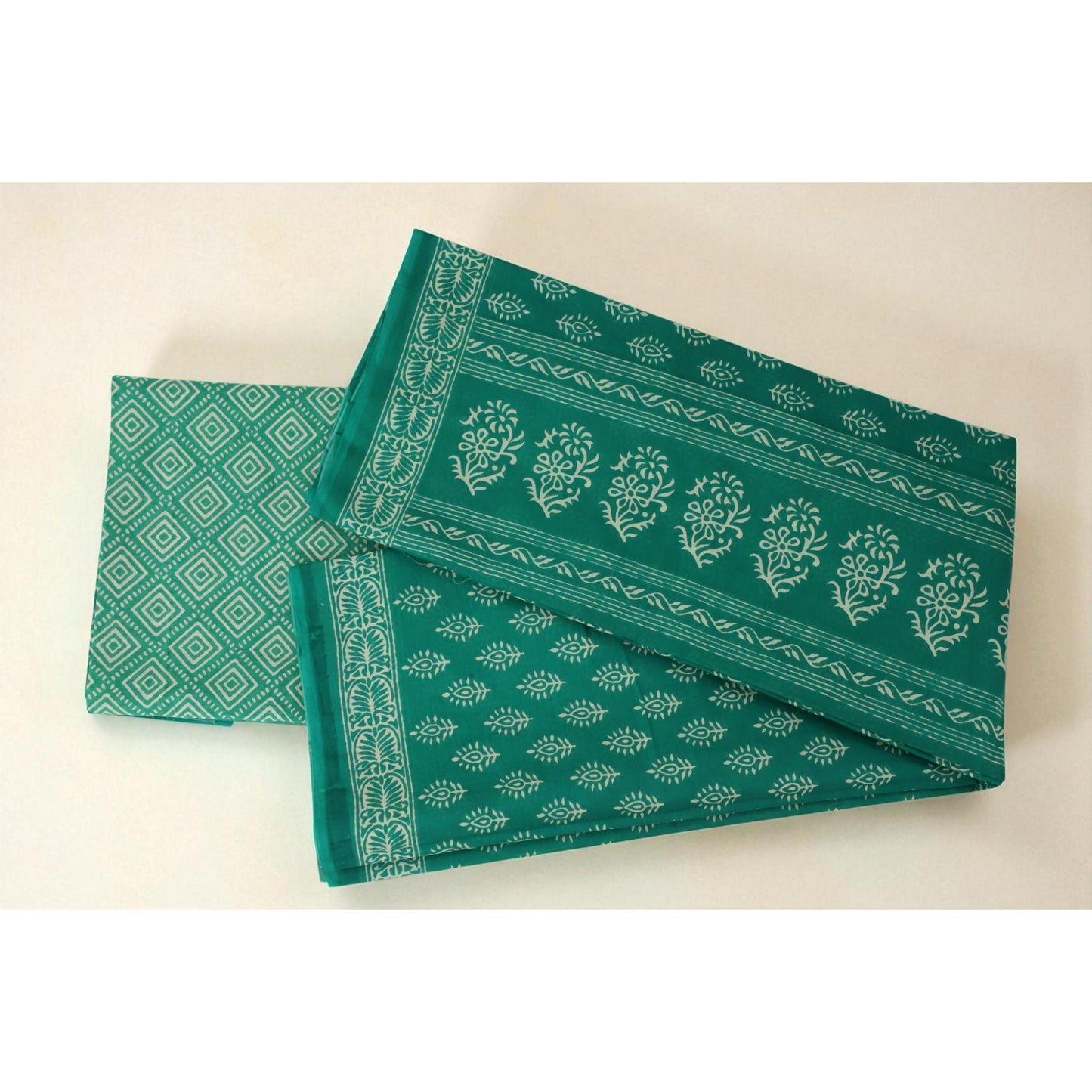 Green Block Print Cotton Saree
