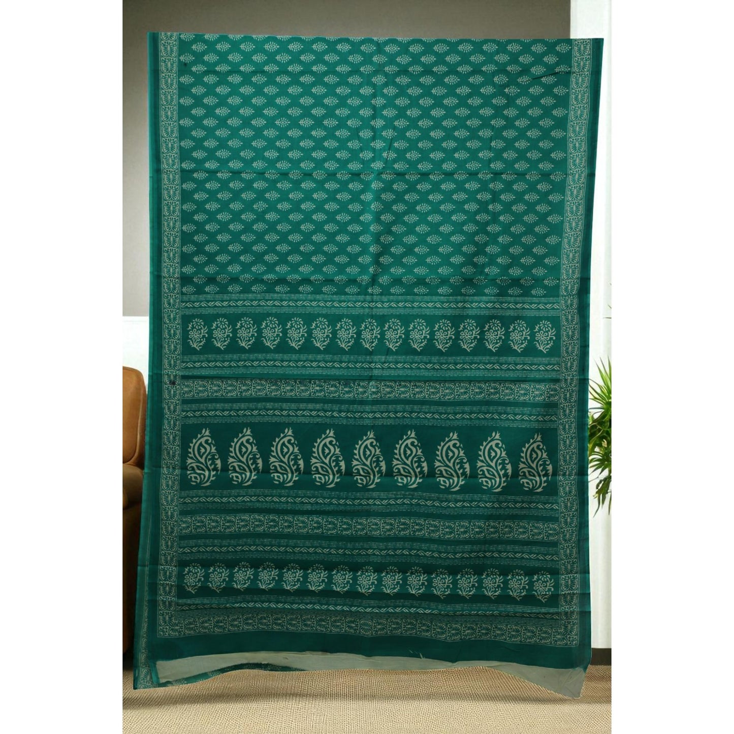Green Block Print Cotton Saree