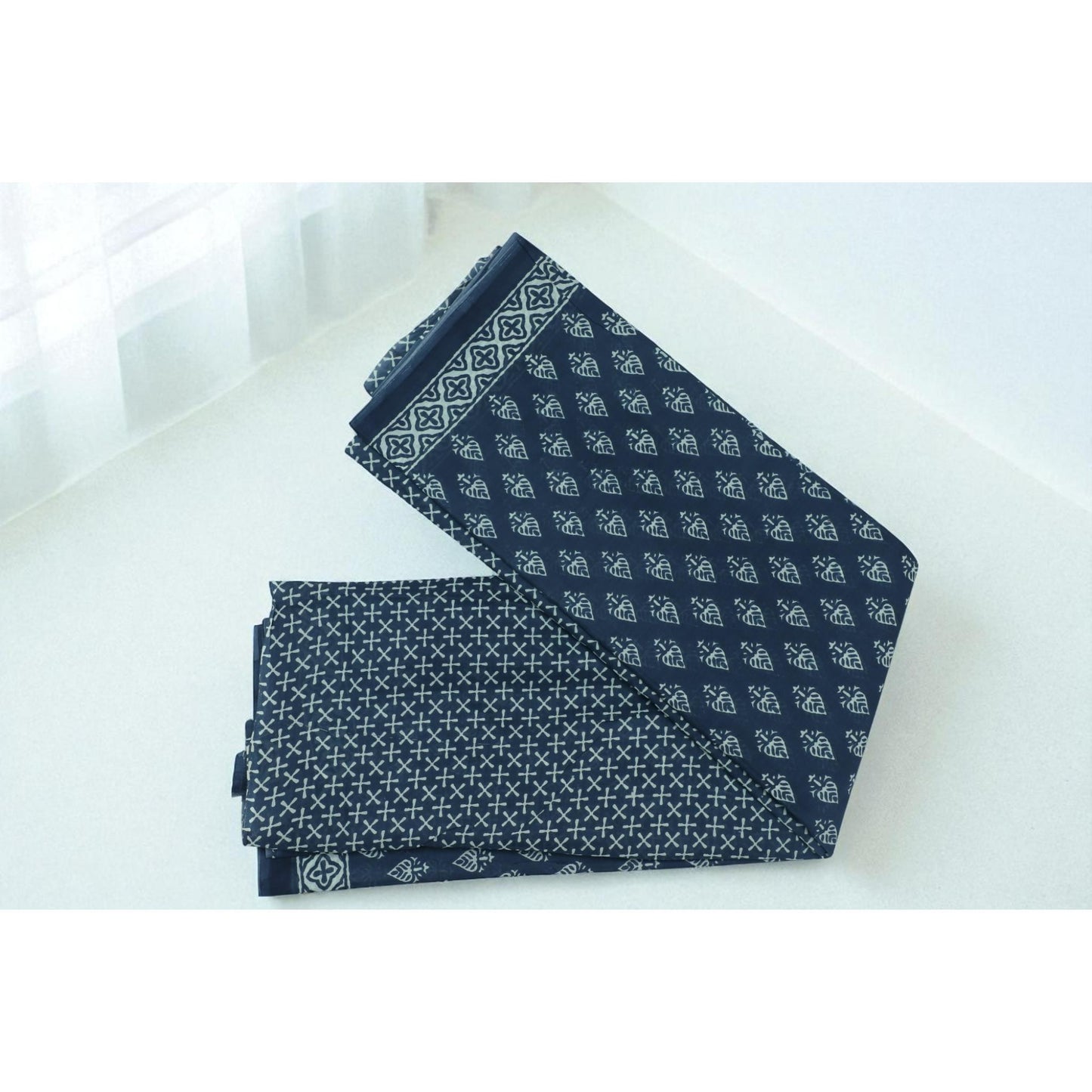 Charcoal Blue Block Print Cotton Saree