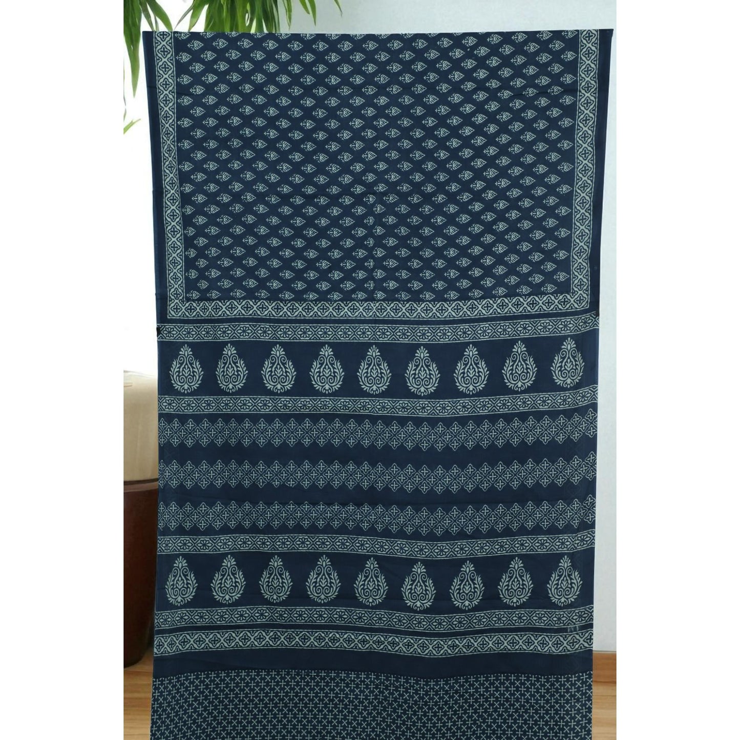 Charcoal Blue Block Print Cotton Saree