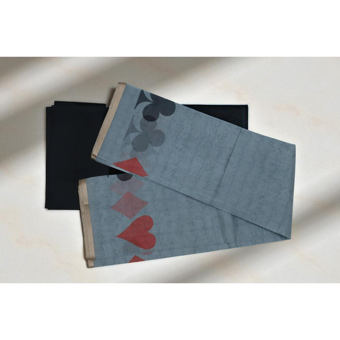 Grey and Black Cards Print Organza Saree