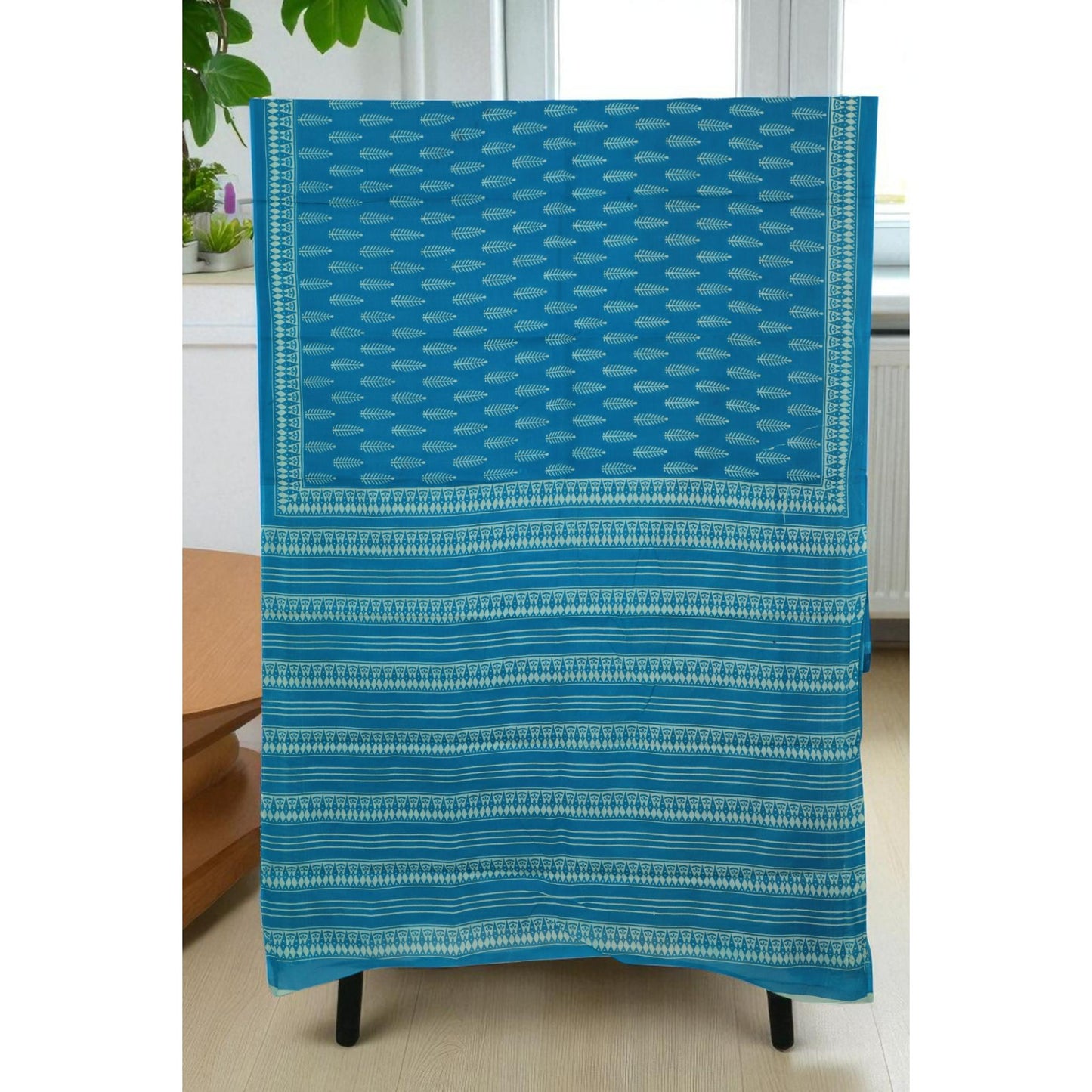 Sky Blue Block Print Cotton Saree