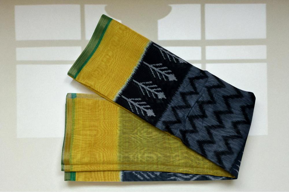 Yellow Grey Ikkat Print Cotton Voile Saree