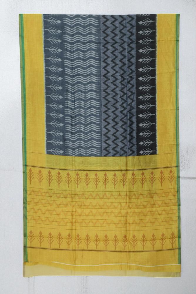 Yellow Grey Ikkat Print Cotton Voile Saree
