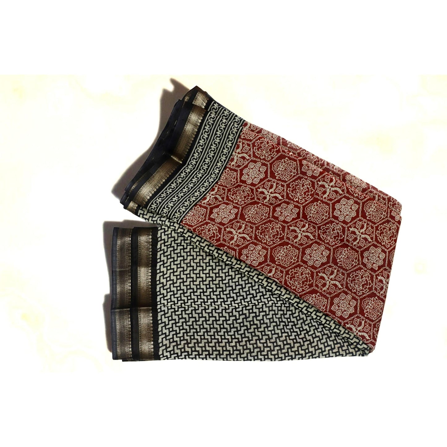 Maroon and Black Ajrakh Print Cotton Saree