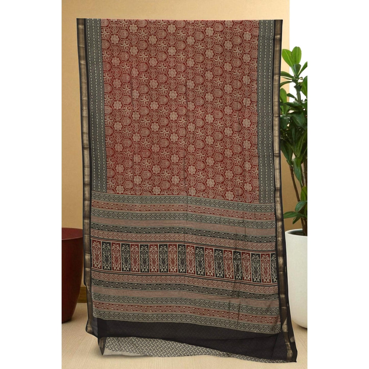 Maroon and Black Ajrakh Print Cotton Saree