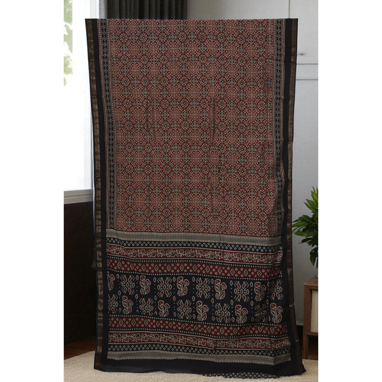 Maroon Black Ajrakh Print Cotton Saree