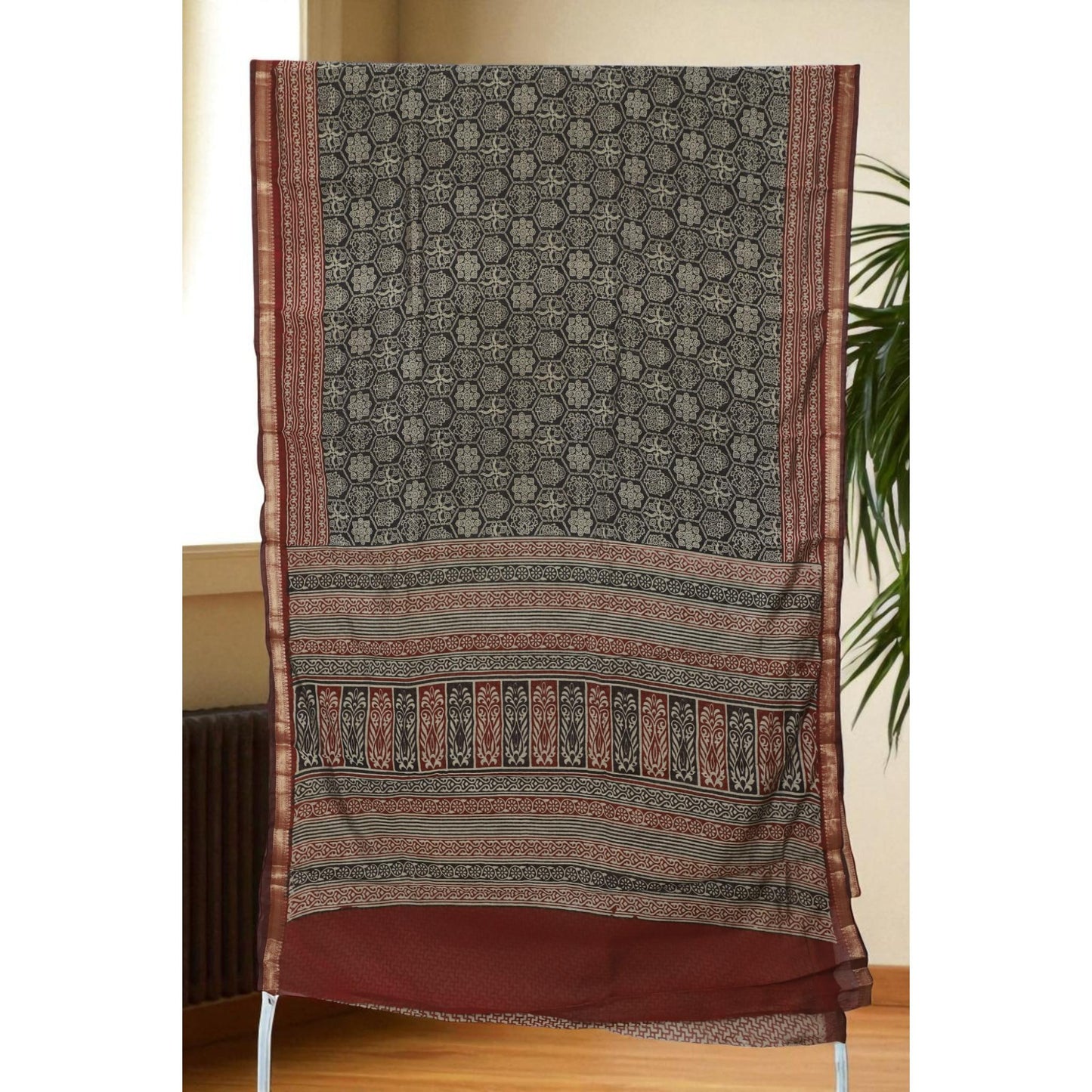 Black and Maroon Cotton Ajrakh Print Saree