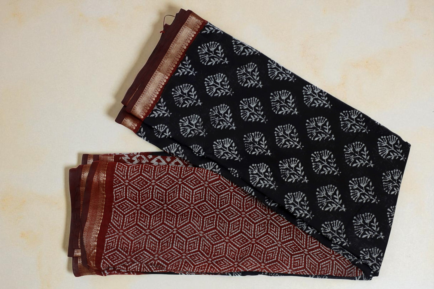 Black Maroon Block Print Voile Saree
