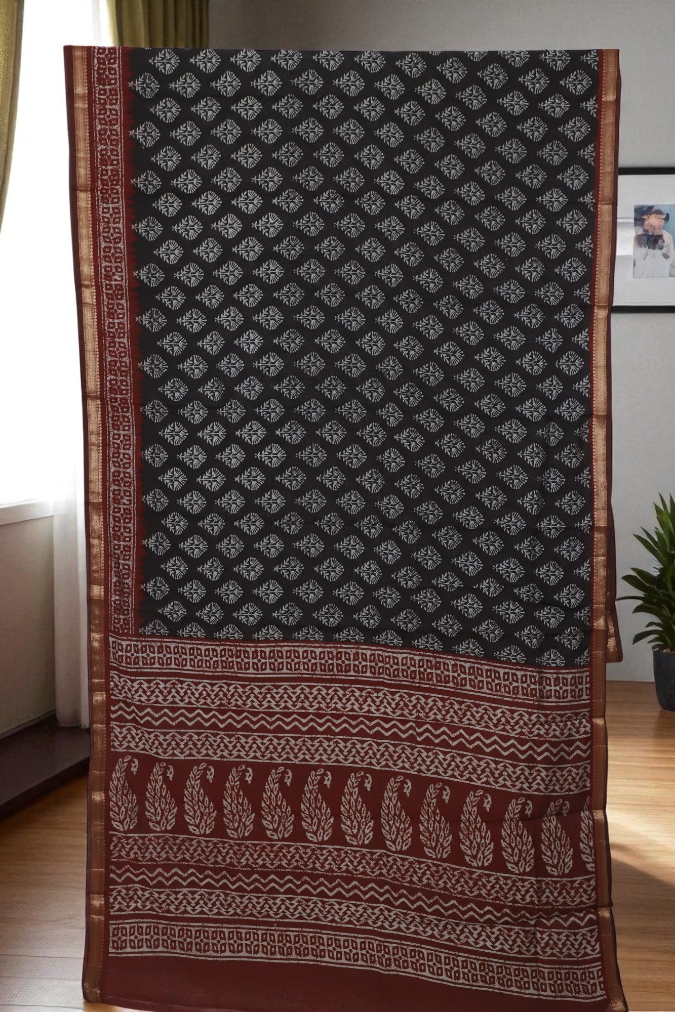 Black Maroon Block Print Voile Saree