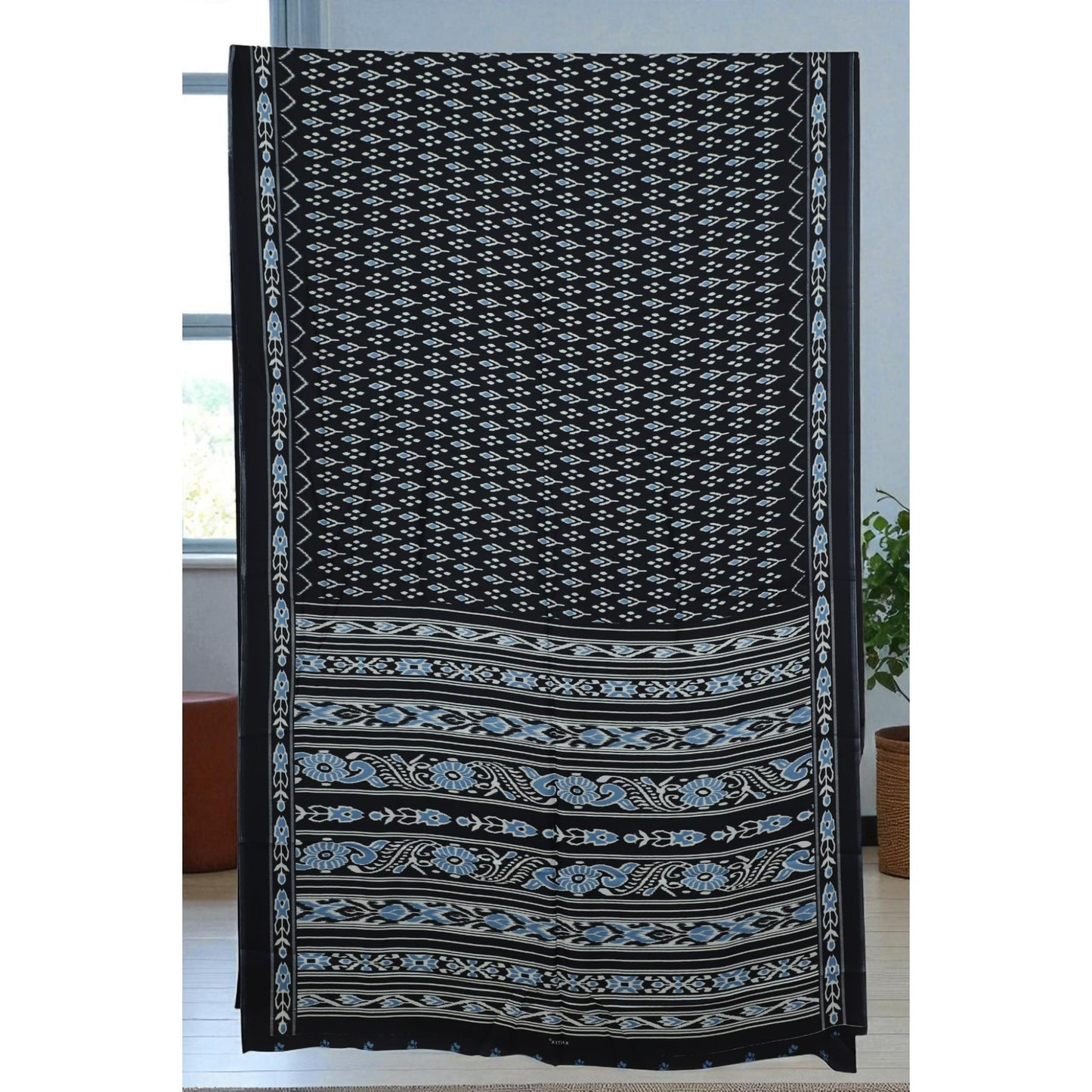Black and Sky Blue Satin Saree