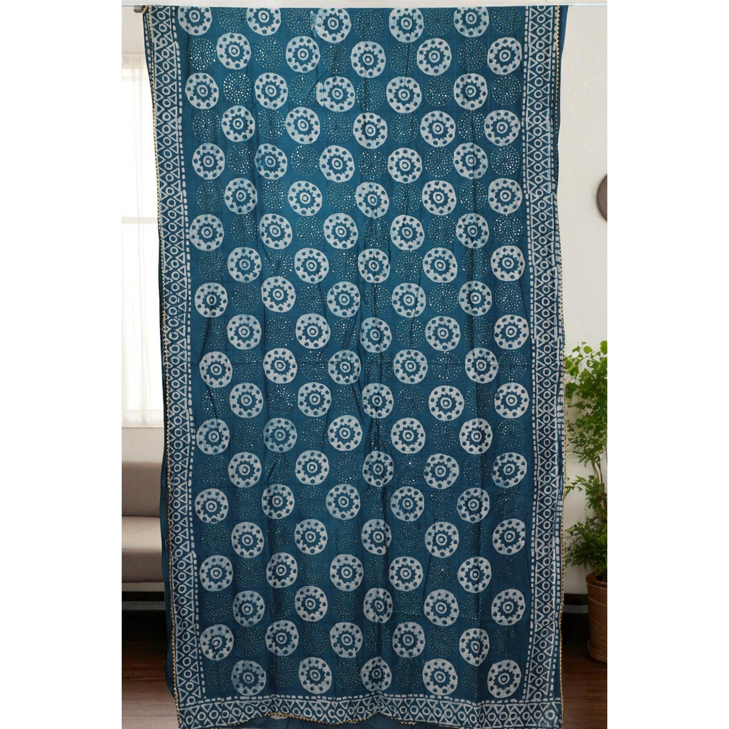 Royal Blue Batik Print with Sequin Cotton Silk Saree