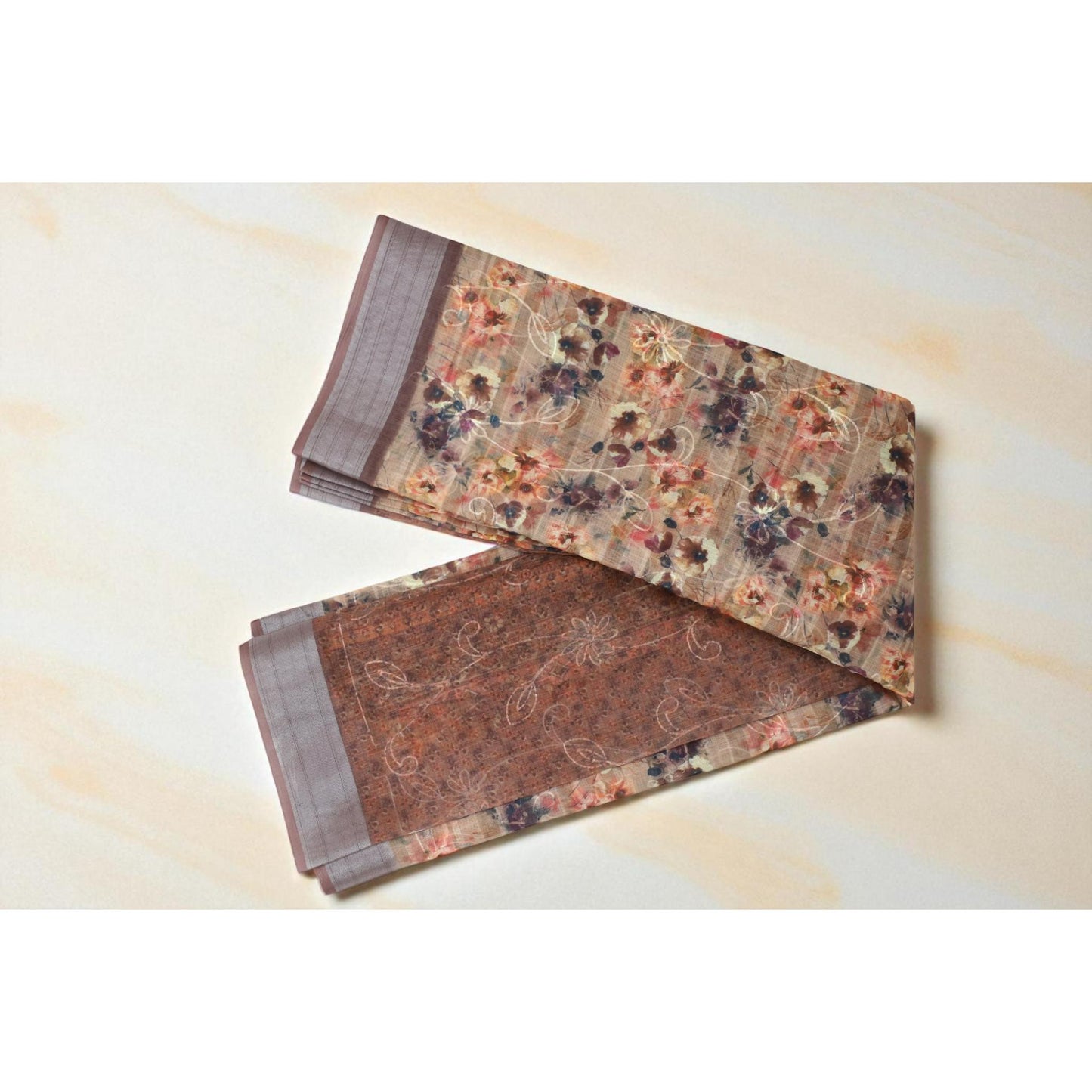 Brown Linen Floral Print Embroided Saree