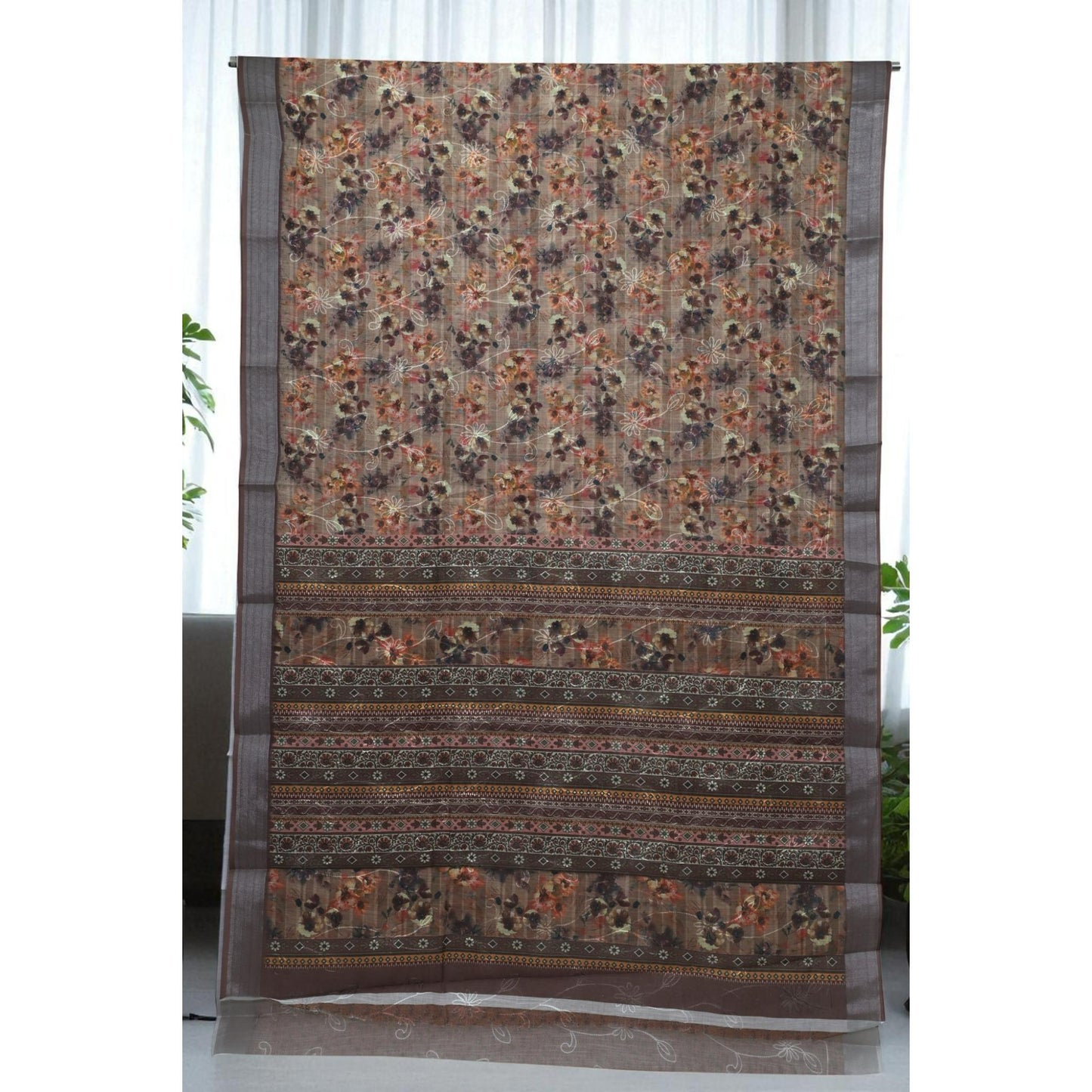 Brown Linen Floral Print Embroided Saree