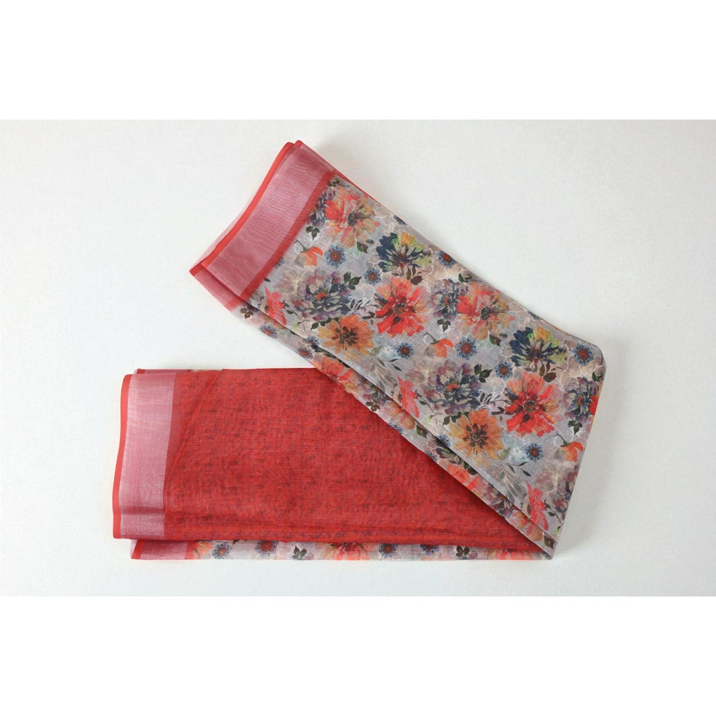 Red and Grey Linen Floral Printed Saree