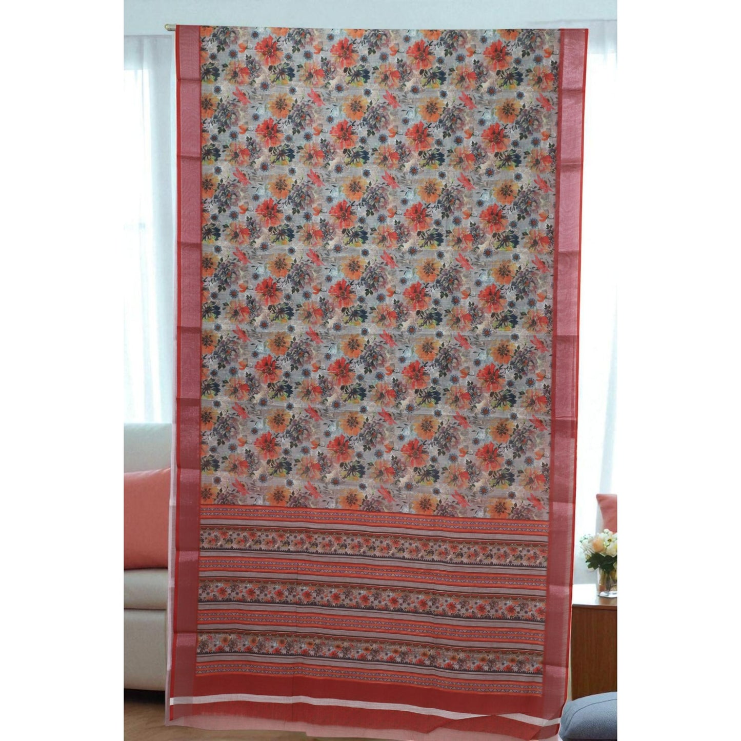 Red and Grey Linen Floral Printed Saree