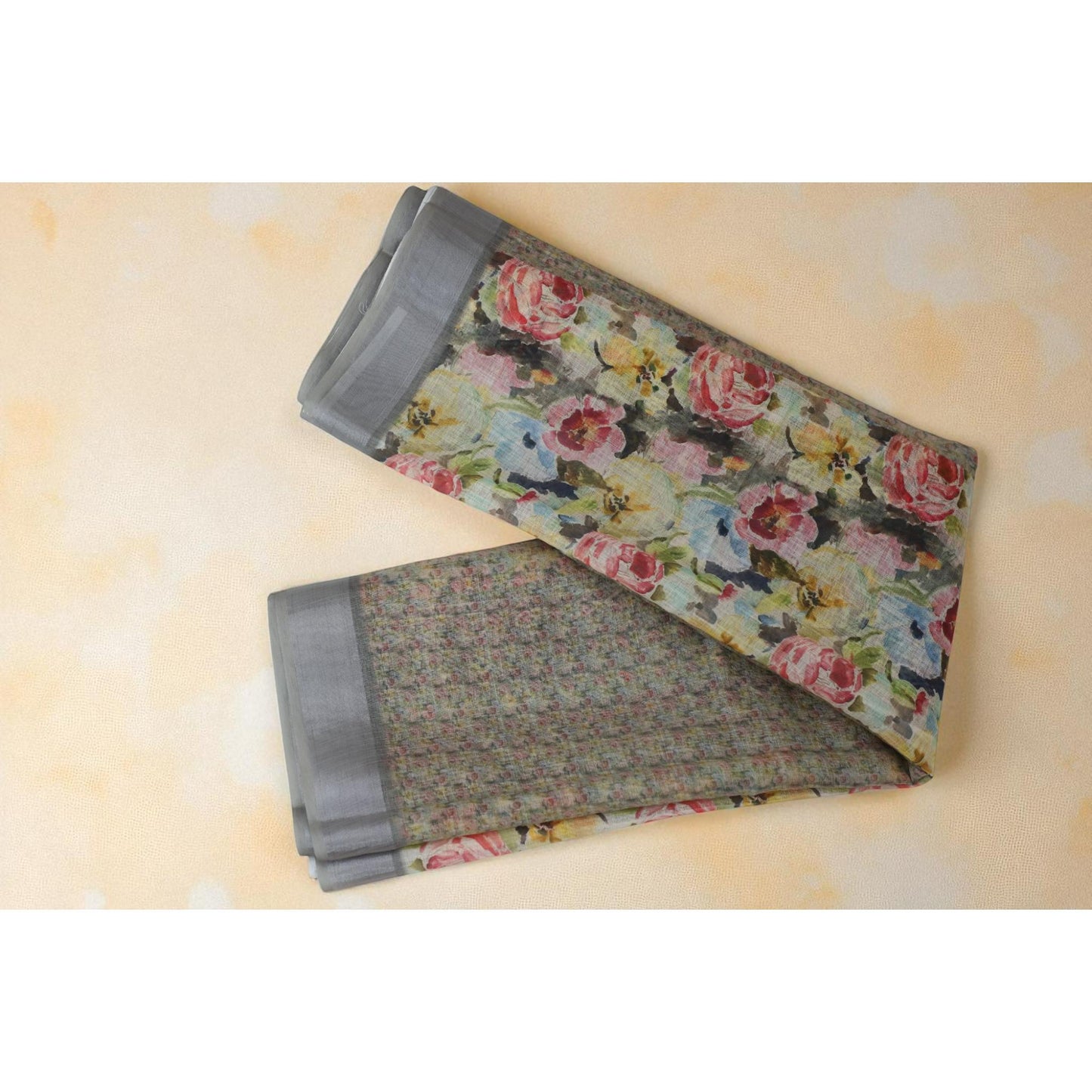 Pink & Grey Linen Floral Print Saree