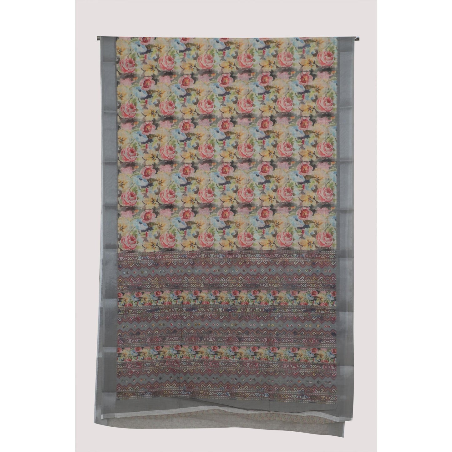 Pink & Grey Linen Floral Print Saree