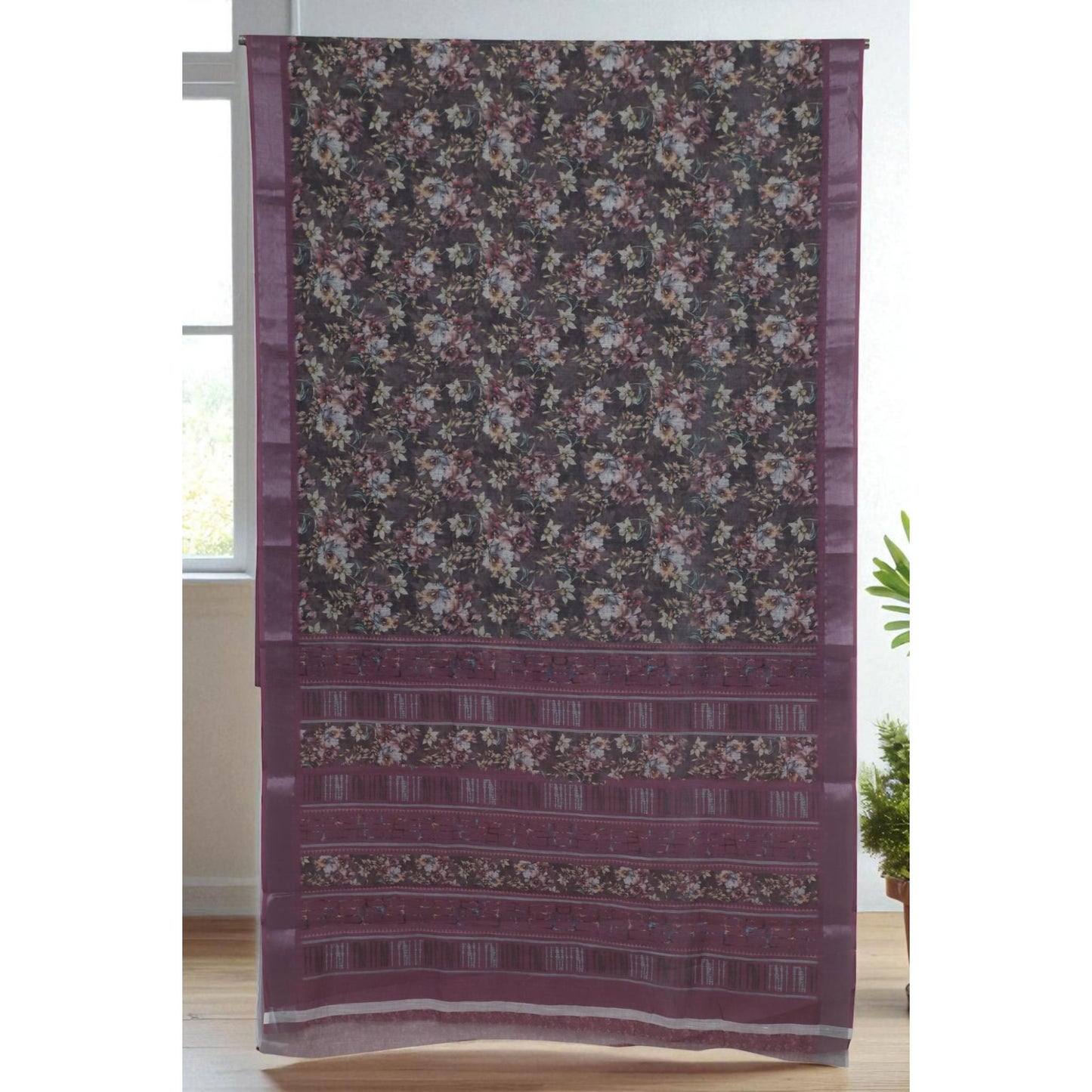 Purple Linen Embroided Saree