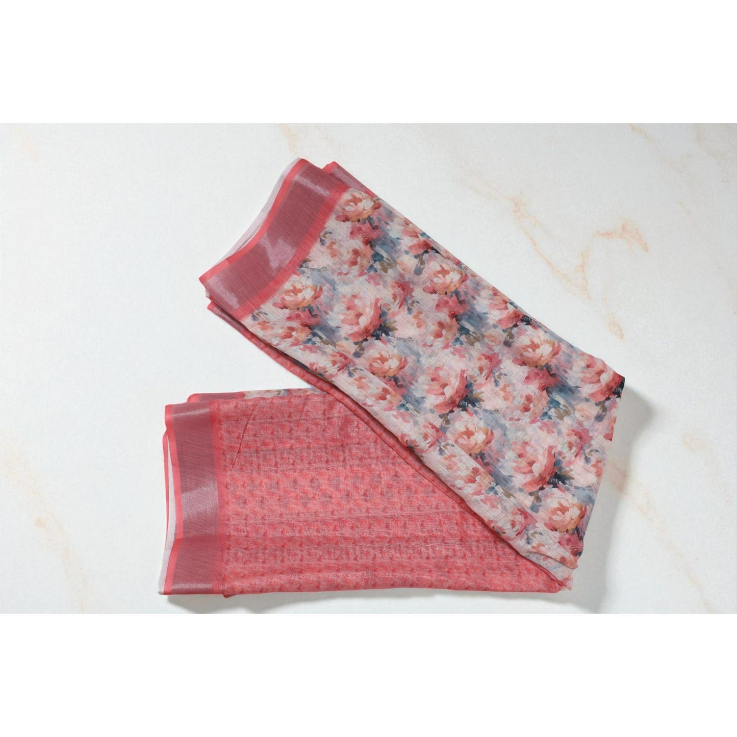 Peach Linen Floral Printed Saree