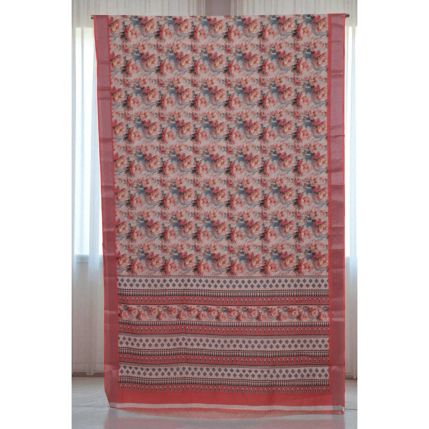 Peach Linen Floral Printed Saree