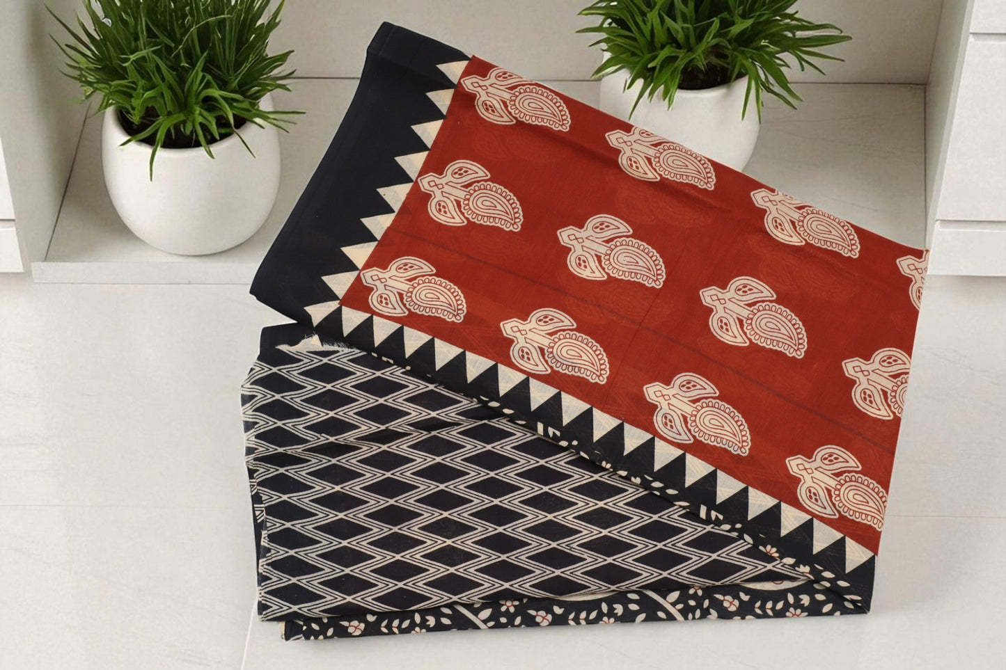 Rust Black Block Print Mul Cotton Saree