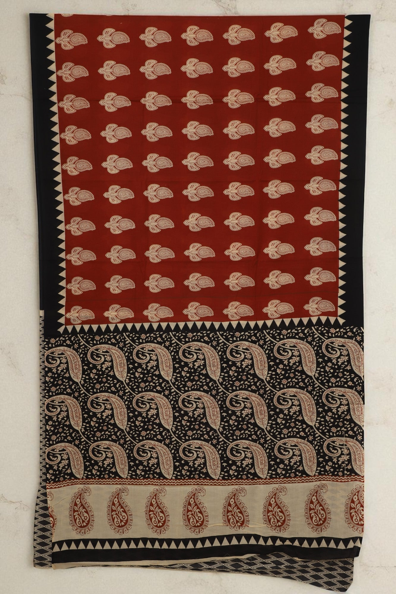 Rust Black Block Print Mul Cotton Saree